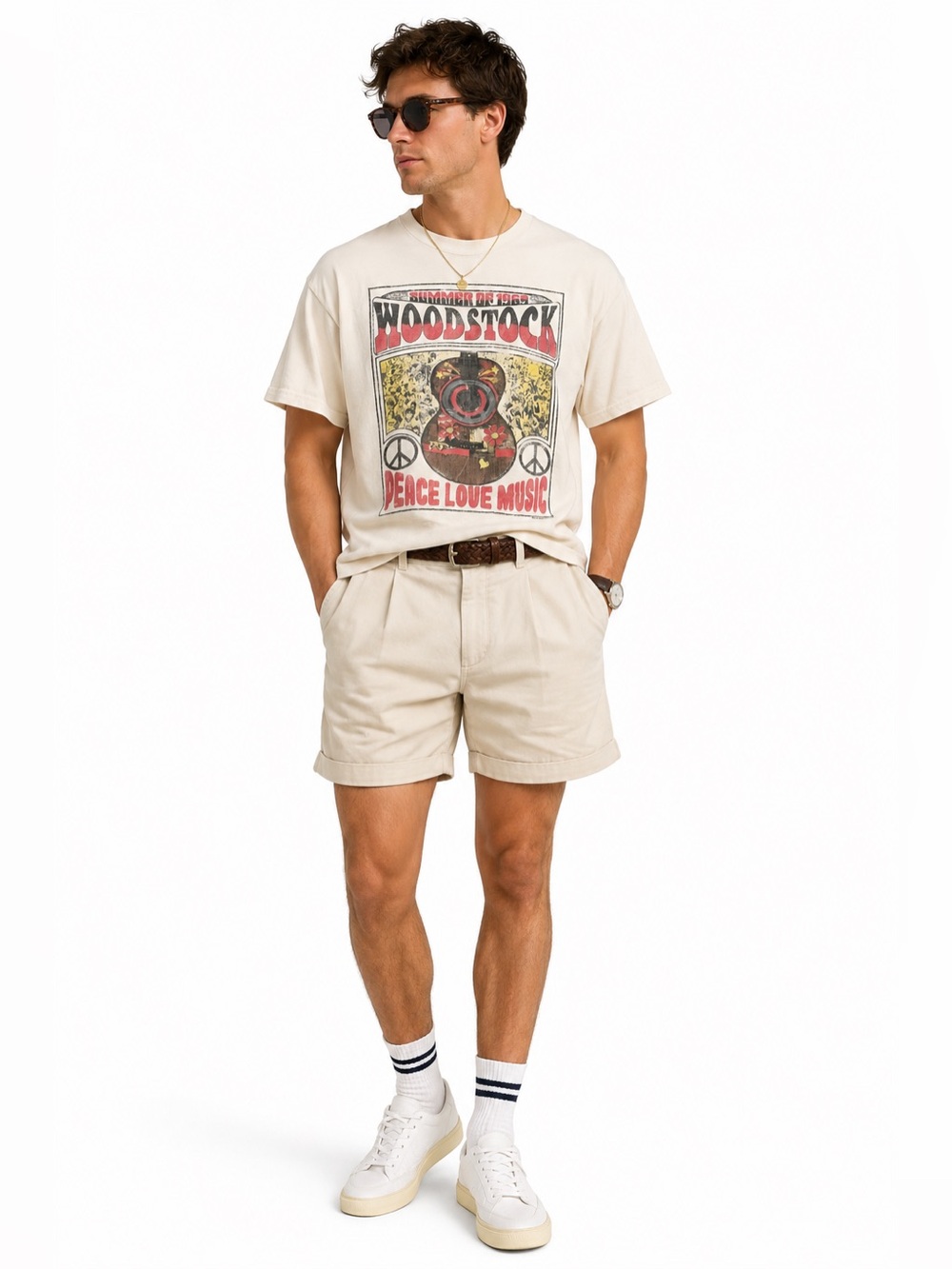 Mens Cream Graphic Short Sleeve Tee - Woodstock Print